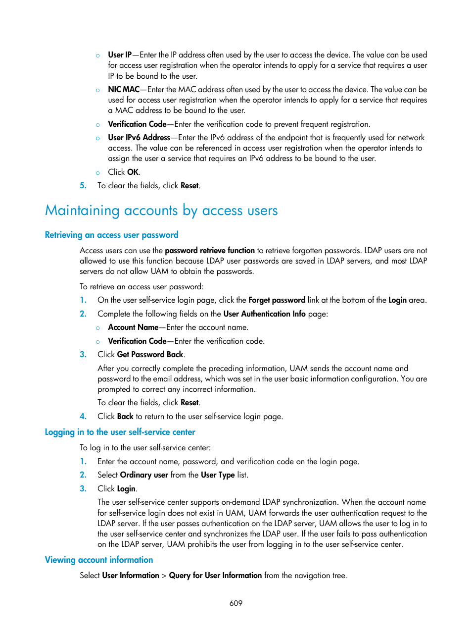 Maintaining accounts by access users, Retrieving an access user password, Logging in to the user self-service center | Viewing account information | H3C Technologies H3C Intelligent Management Center User Manual | Page 627 / 641