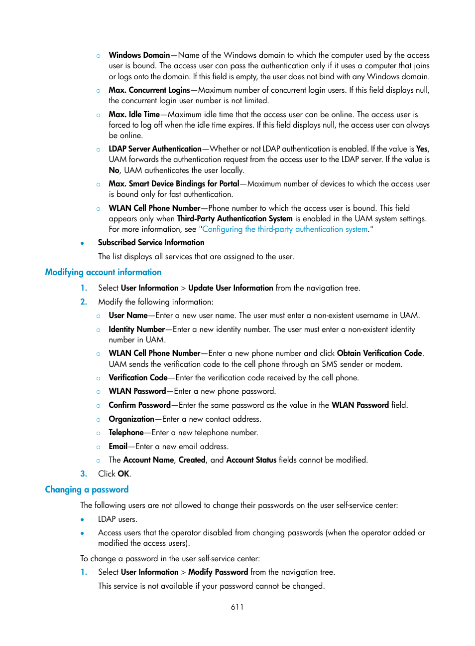 Modifying account information, Changing a password | H3C Technologies H3C Intelligent Management Center User Manual | Page 629 / 641