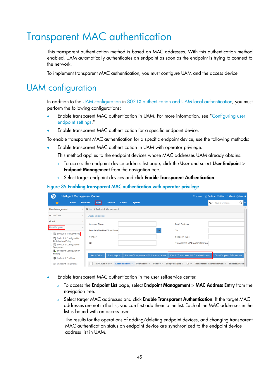 Transparent mac authentication, Uam configuration | H3C Technologies H3C Intelligent Management Center User Manual | Page 63 / 641