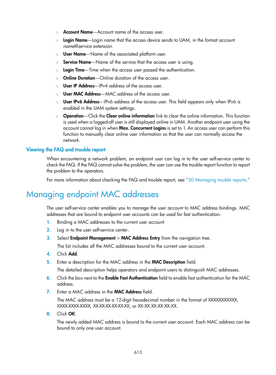 Viewing the faq and trouble report, Managing endpoint mac addresses | H3C Technologies H3C Intelligent Management Center User Manual | Page 631 / 641