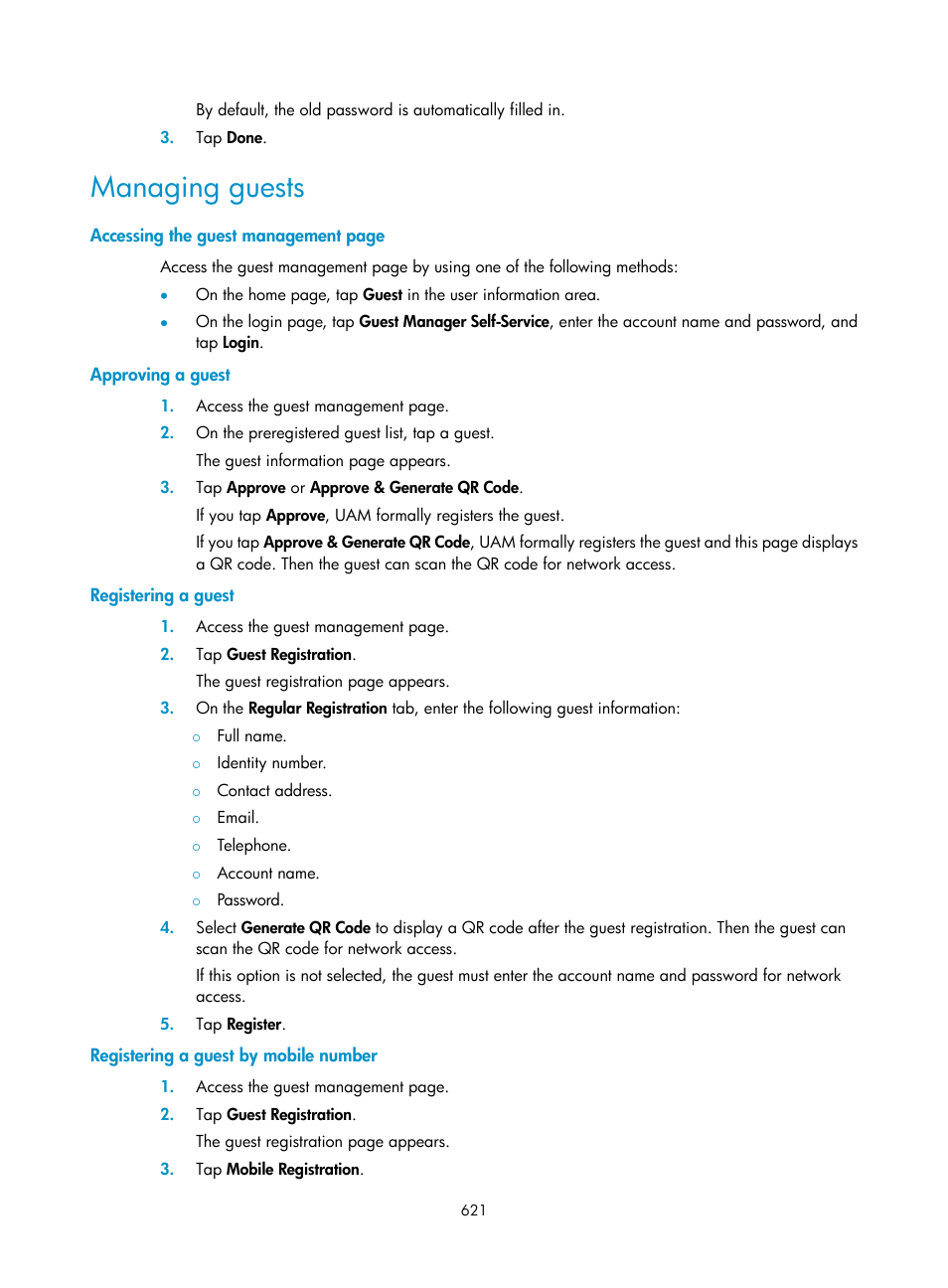 Managing guests, Approving a guest, Registering a guest | Registering a guest by mobile number | H3C Technologies H3C Intelligent Management Center User Manual | Page 639 / 641