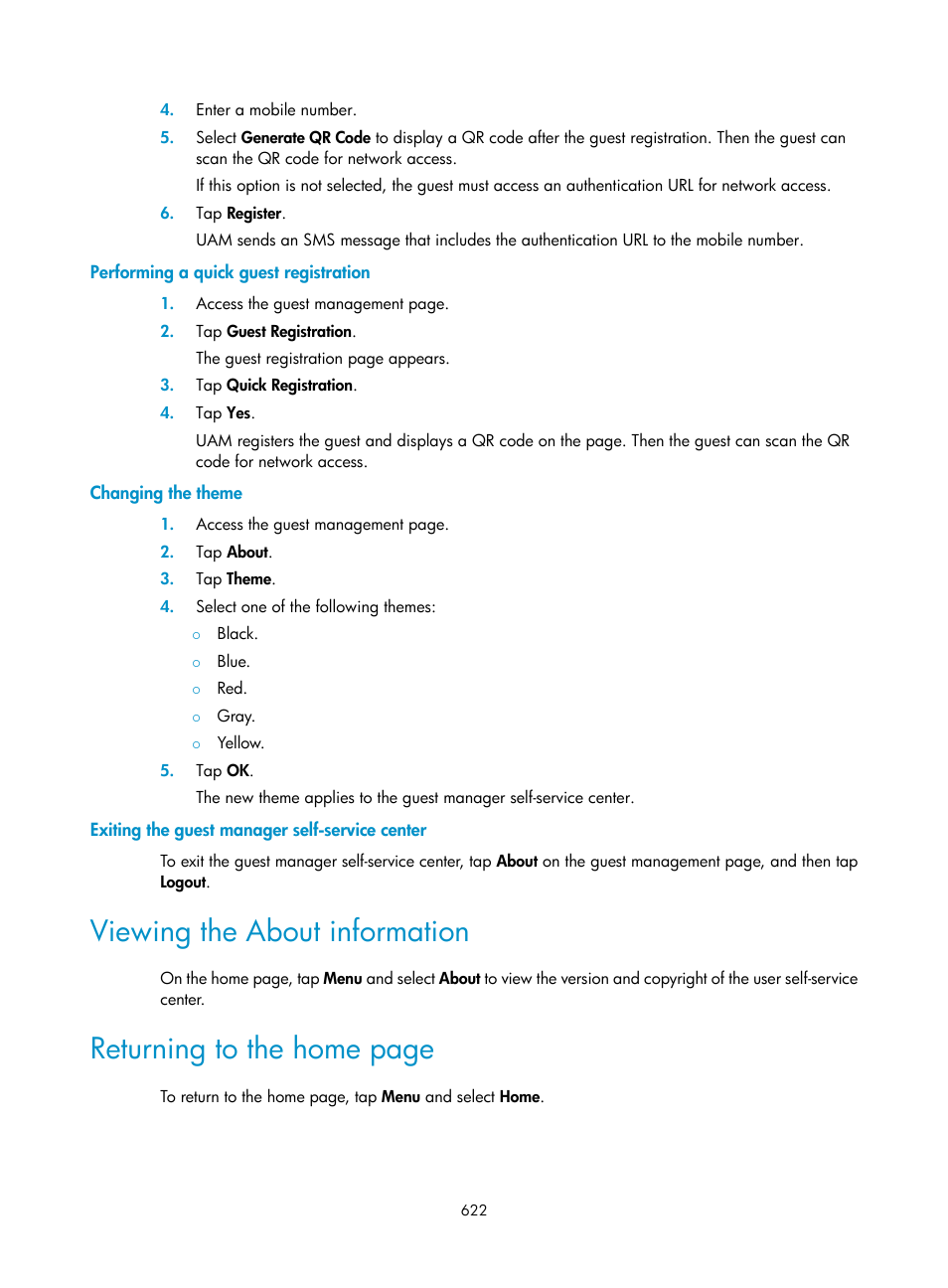 Performing a quick guest registration, Changing the theme, Exiting the guest manager self-service center | Viewing the about information, Returning to the home page | H3C Technologies H3C Intelligent Management Center User Manual | Page 640 / 641