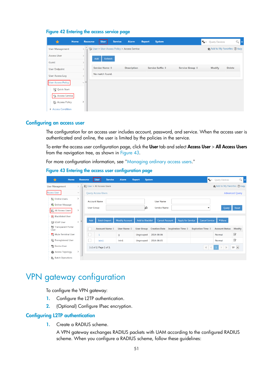 Configuring an access user, Vpn gateway configuration, Configuring l2tp authentication | N in, Figure 42 | H3C Technologies H3C Intelligent Management Center User Manual | Page 69 / 641
