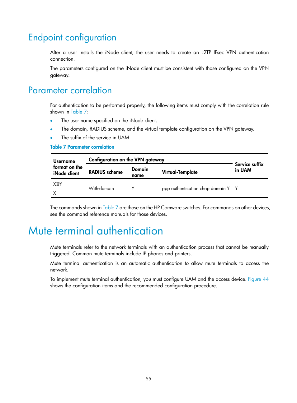 Endpoint configuration, Parameter correlation, Mute terminal authentication | H3C Technologies H3C Intelligent Management Center User Manual | Page 73 / 641