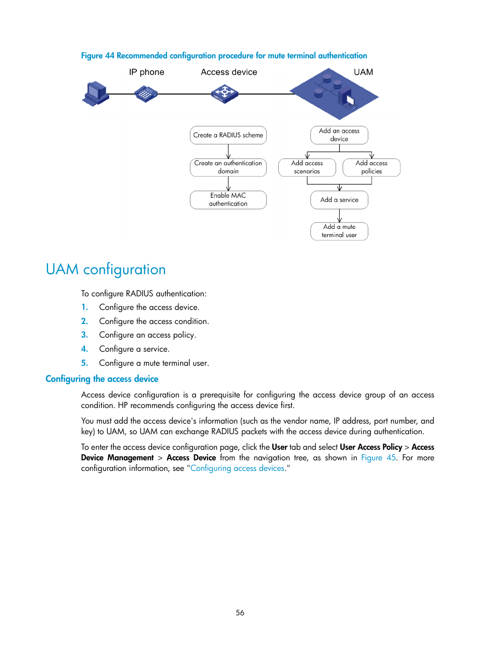 Uam configuration, Configuring the access device, Figure 44 | H3C Technologies H3C Intelligent Management Center User Manual | Page 74 / 641