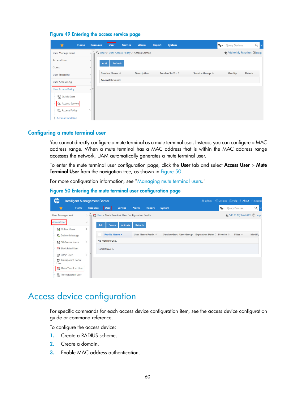 Configuring a mute terminal user, Access device configuration, N in | Figure 49 | H3C Technologies H3C Intelligent Management Center User Manual | Page 78 / 641