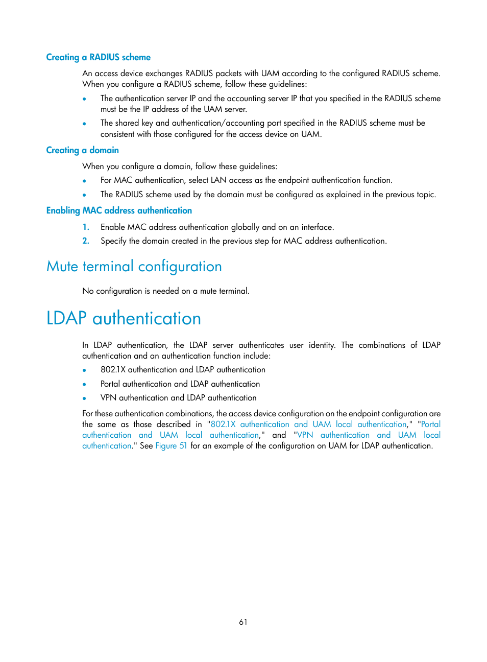 Creating a radius scheme, Creating a domain, Enabling mac address authentication | Mute terminal configuration, Ldap authentication | H3C Technologies H3C Intelligent Management Center User Manual | Page 79 / 641