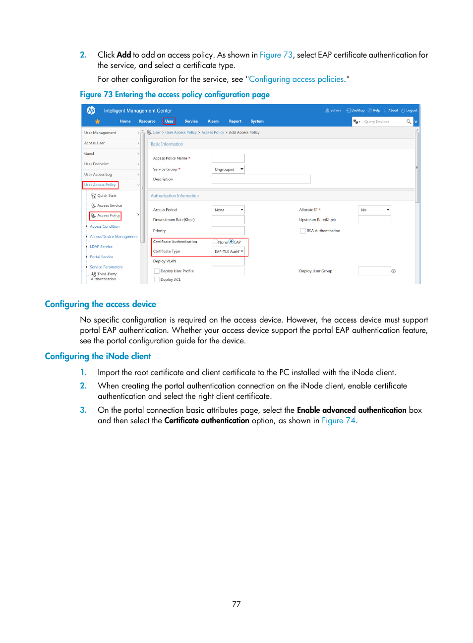 Configuring the access device, Configuring the inode client | H3C Technologies H3C Intelligent Management Center User Manual | Page 95 / 641
