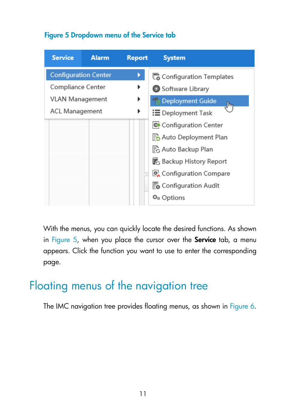 Floating menus of the navigation tree | H3C Technologies H3C Intelligent Management Center User Manual | Page 20 / 111