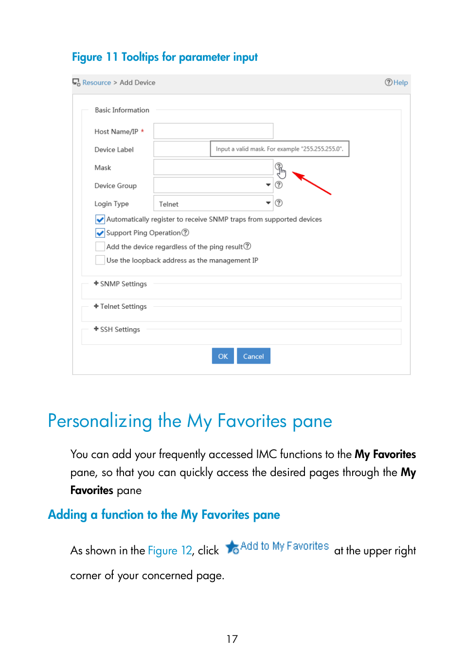 Personalizing the my favorites pane, Adding a function to the my favorites pane, Figure 11 | H3C Technologies H3C Intelligent Management Center User Manual | Page 26 / 111