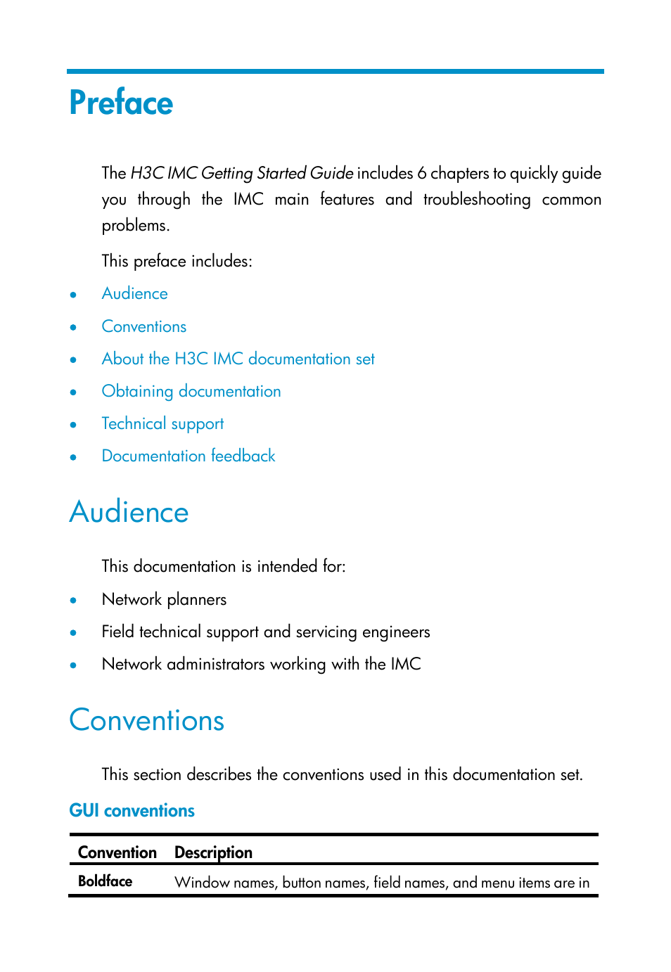 Preface, Audience, Conventions | Gui conventions | H3C Technologies H3C Intelligent Management Center User Manual | Page 3 / 111