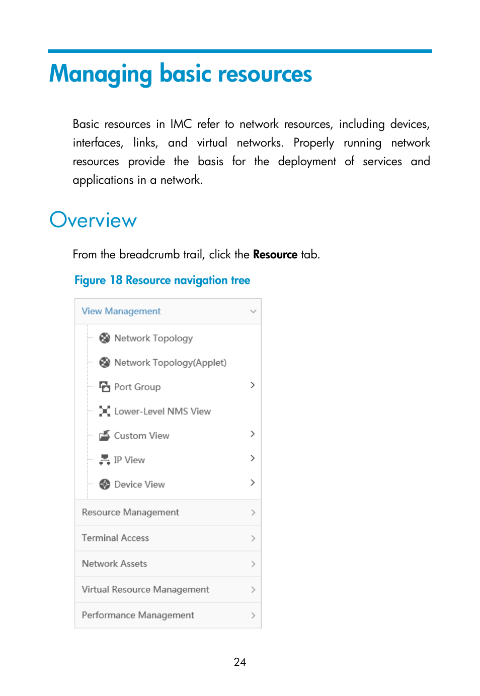Managing basic resources, Overview | H3C Technologies H3C Intelligent Management Center User Manual | Page 33 / 111