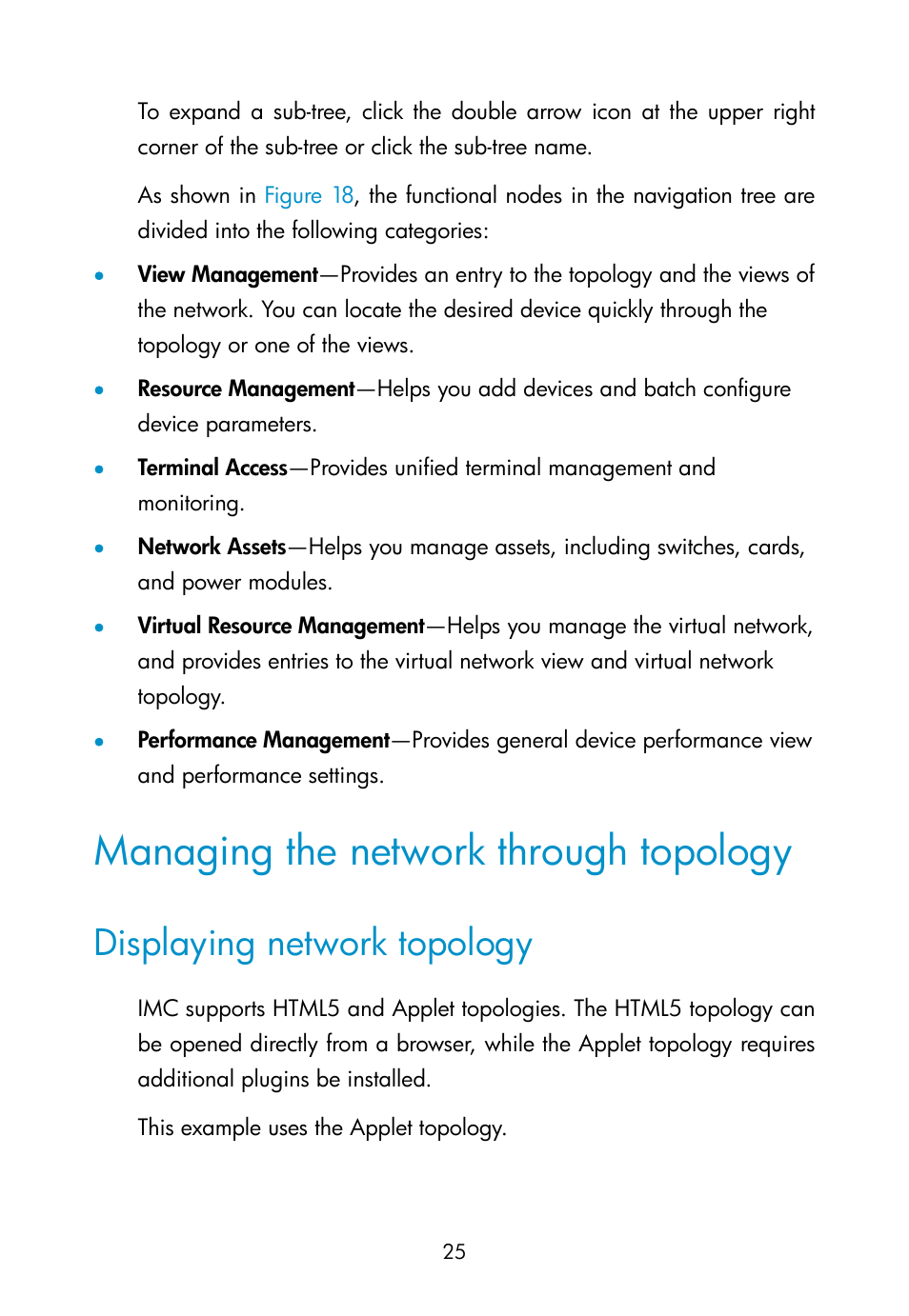 Managing the network through topology, Displaying network topology | H3C Technologies H3C Intelligent Management Center User Manual | Page 34 / 111