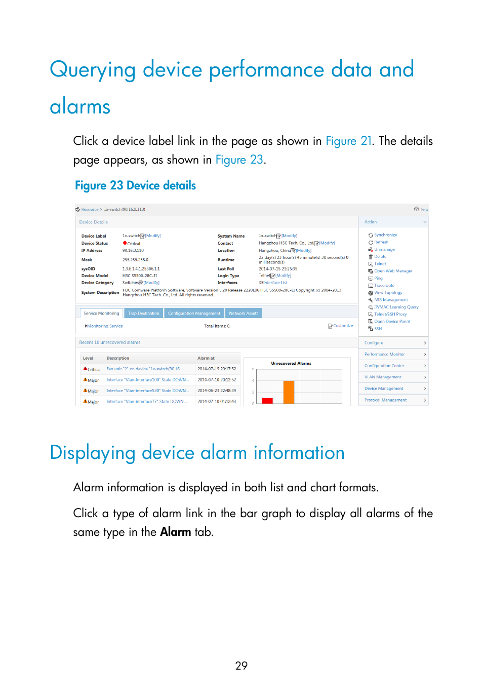 Querying device performance data and alarms, Displaying device alarm information | H3C Technologies H3C Intelligent Management Center User Manual | Page 38 / 111