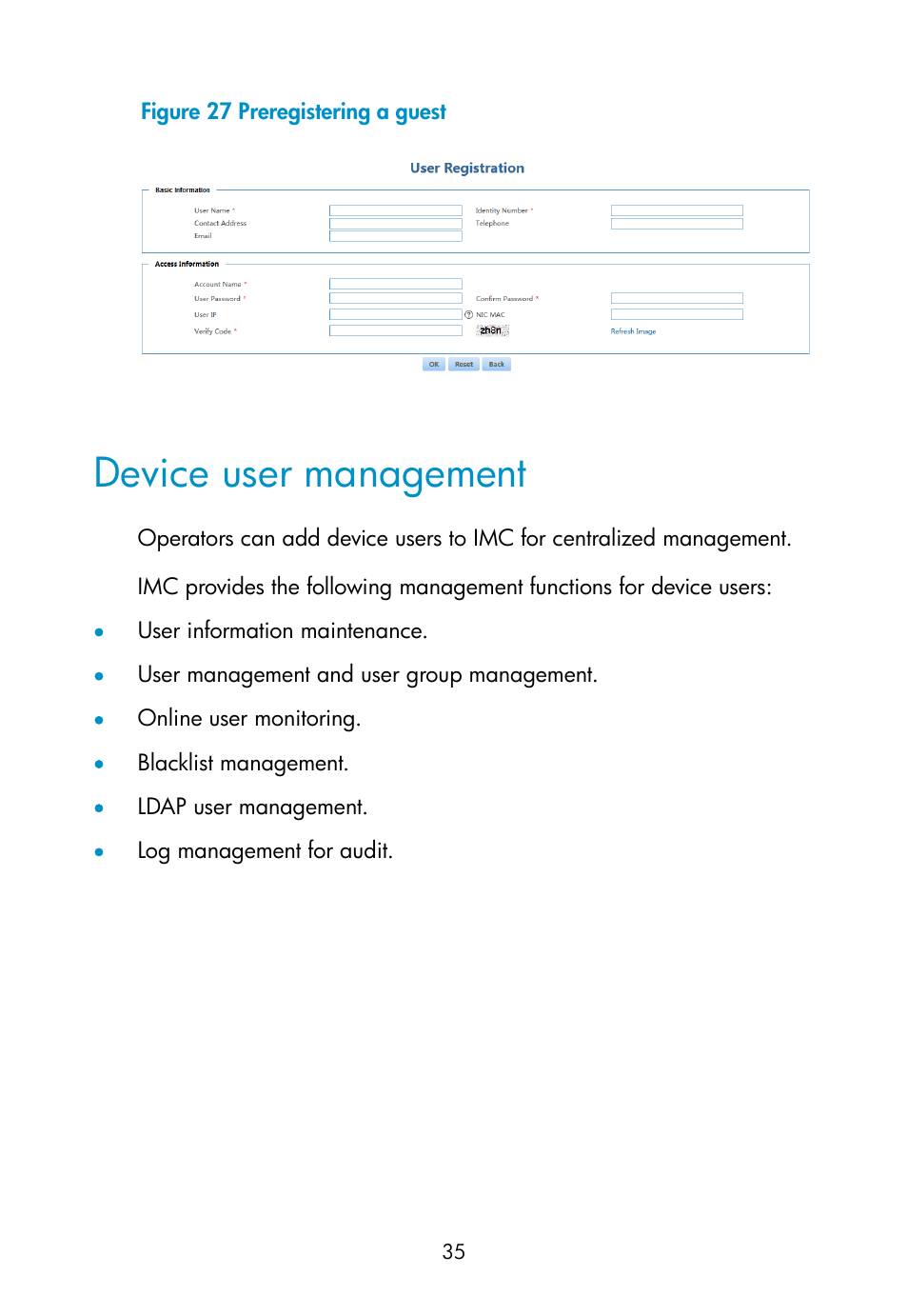 Device user management | H3C Technologies H3C Intelligent Management Center User Manual | Page 44 / 111