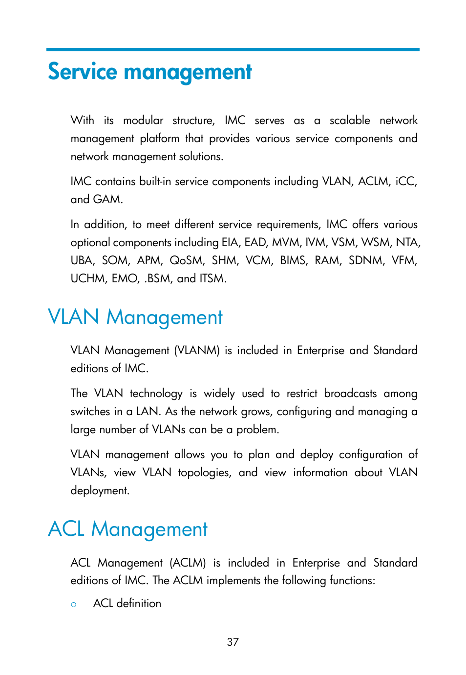 Service management, Vlan management, Acl management | H3C Technologies H3C Intelligent Management Center User Manual | Page 46 / 111