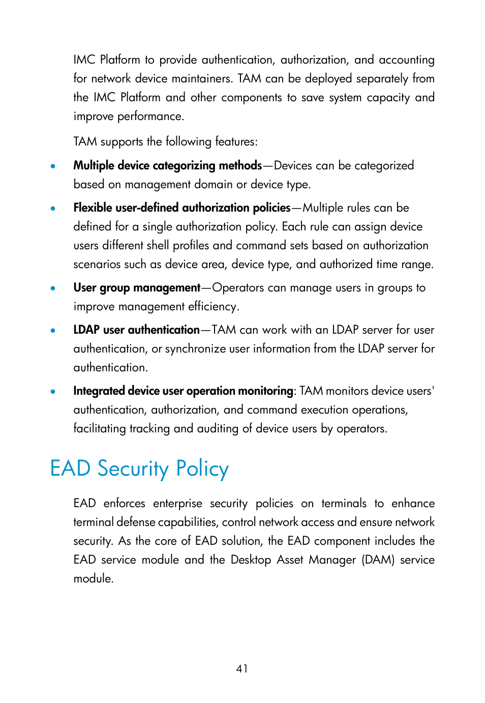 Ead security policy, Tacacs+ authentication management | H3C Technologies H3C Intelligent Management Center User Manual | Page 50 / 111