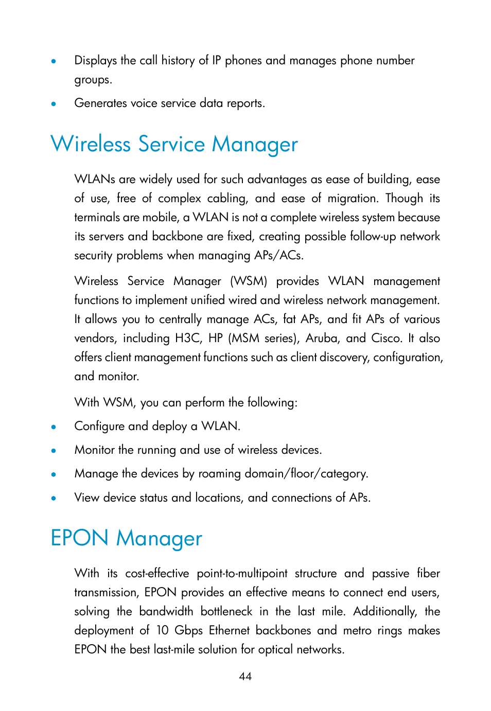 Wireless service manager, Epon manager, Ipsec vpn manager | Voice service manager | H3C Technologies H3C Intelligent Management Center User Manual | Page 53 / 111