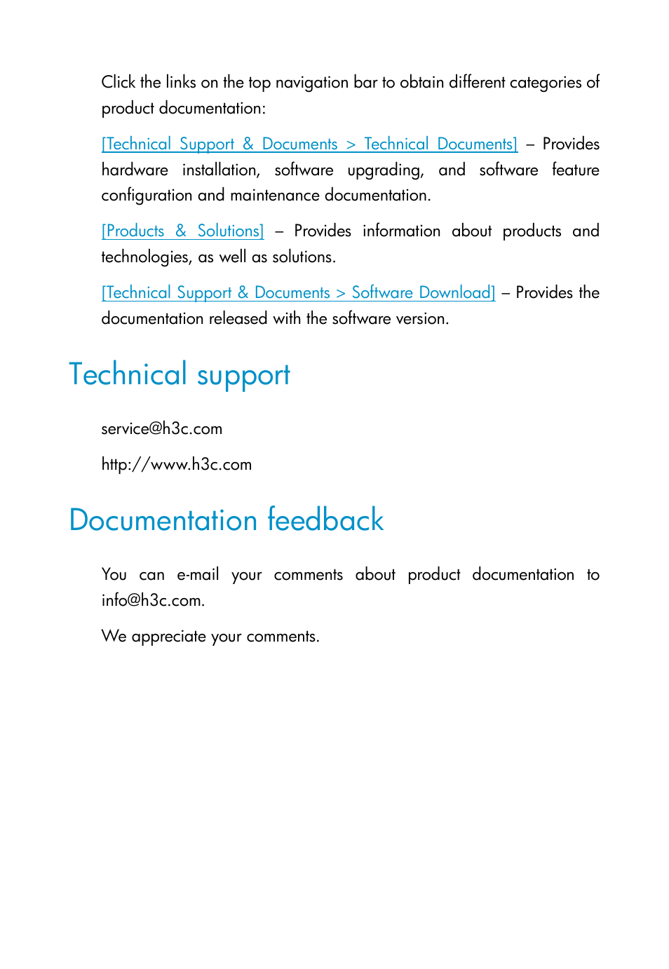 Technical support, Documentation feedback | H3C Technologies H3C Intelligent Management Center User Manual | Page 6 / 111