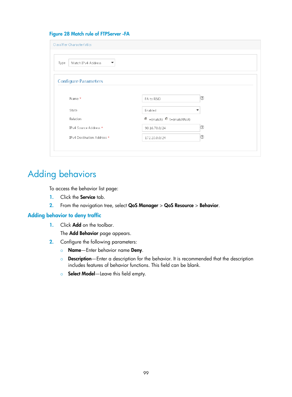 Adding behaviors, Adding behavior to deny traffic | H3C Technologies H3C Intelligent Management Center User Manual | Page 107 / 129