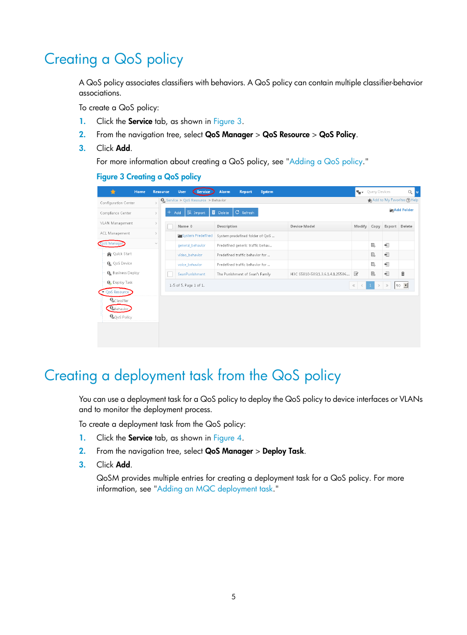 Creating a qos policy, Creating a deployment task from the qos policy | H3C Technologies H3C Intelligent Management Center User Manual | Page 13 / 129