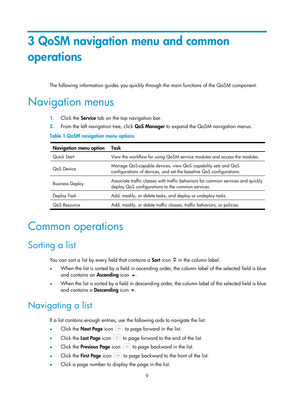 3 qosm navigation menu and common operations, Navigation menus, Common operations | Sorting a list, Navigating a list | H3C Technologies H3C Intelligent Management Center User Manual | Page 17 / 129