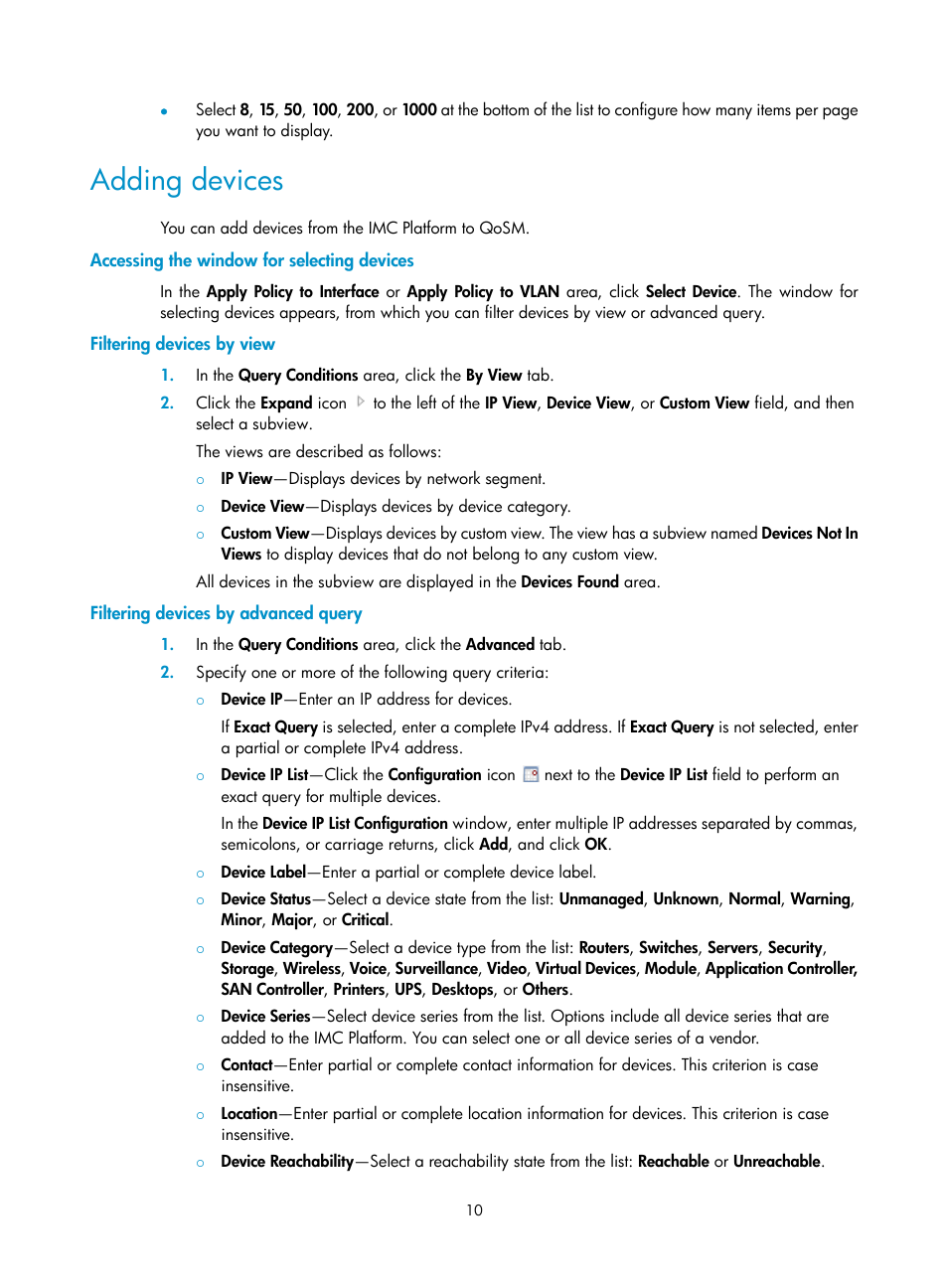 Adding devices, Accessing the window for selecting devices, Filtering devices by view | Filtering devices by advanced query | H3C Technologies H3C Intelligent Management Center User Manual | Page 18 / 129