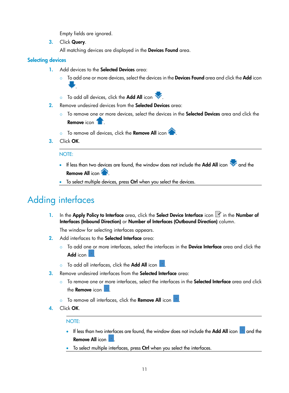 Selecting devices, Adding interfaces | H3C Technologies H3C Intelligent Management Center User Manual | Page 19 / 129