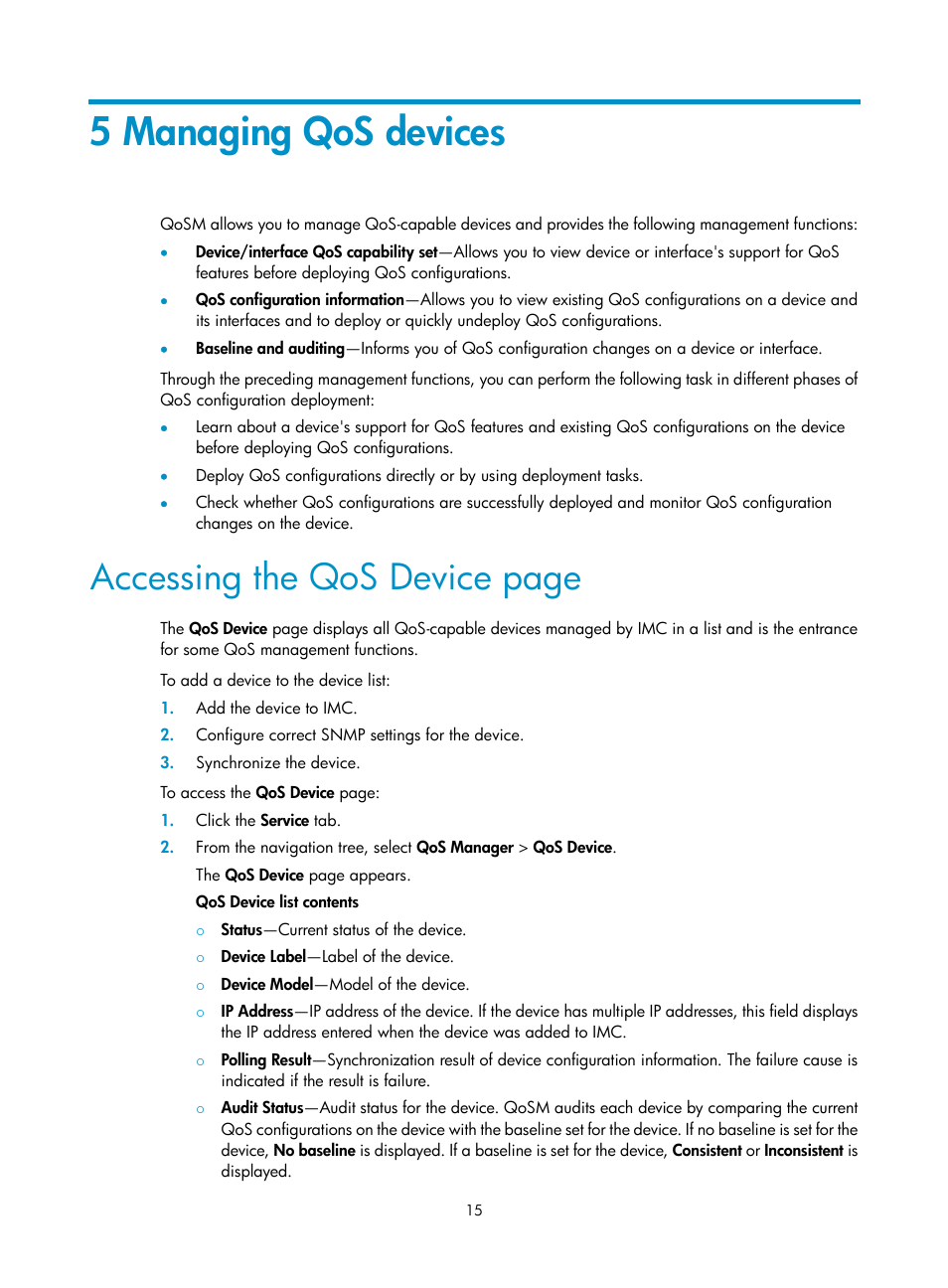 5 managing qos devices, Accessing the qos device page | H3C Technologies H3C Intelligent Management Center User Manual | Page 23 / 129