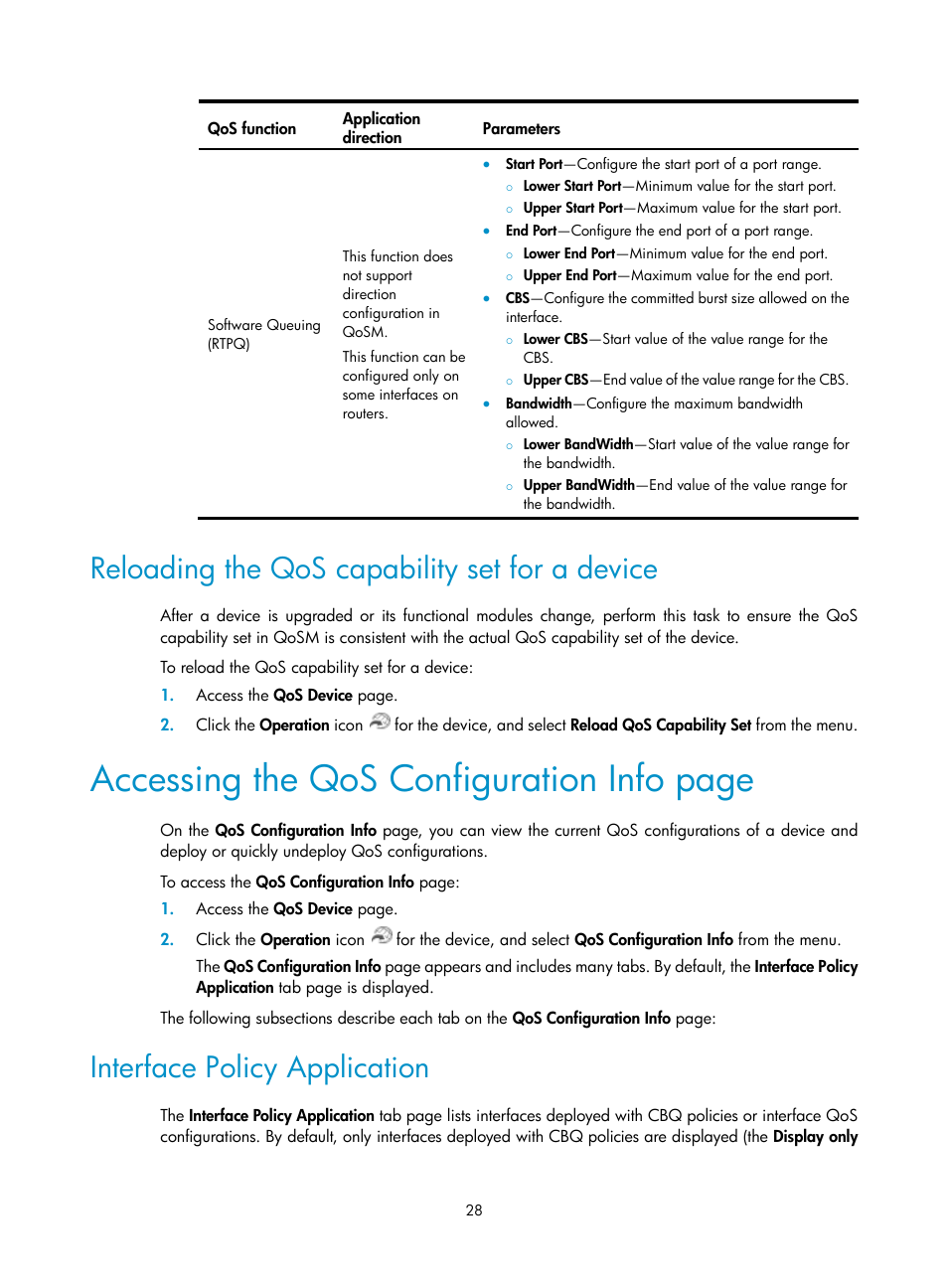 Reloading the qos capability set for a device, Interface policy application, Accessing the qos configuration info page | H3C Technologies H3C Intelligent Management Center User Manual | Page 36 / 129