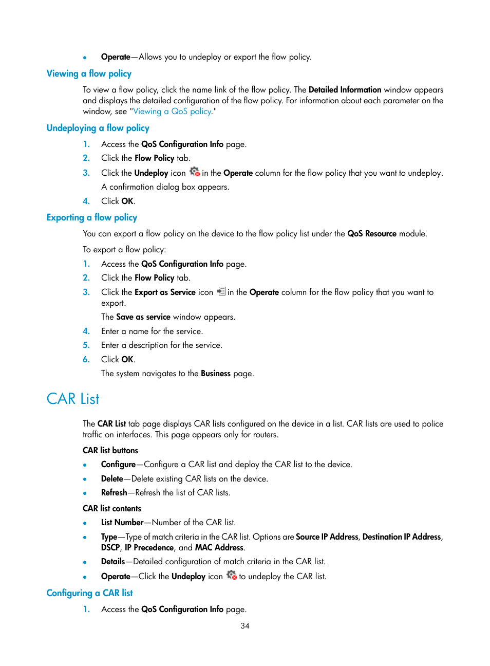 Viewing a flow policy, Undeploying a flow policy, Exporting a flow policy | Car list, Configuring a car list | H3C Technologies H3C Intelligent Management Center User Manual | Page 42 / 129