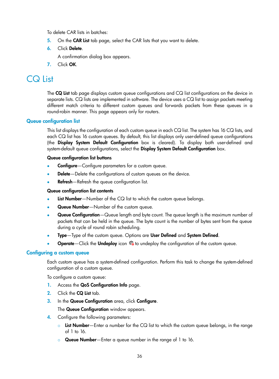 Cq list, Queue configuration list, Configuring a custom queue | H3C Technologies H3C Intelligent Management Center User Manual | Page 44 / 129