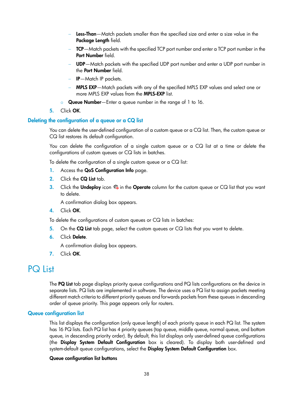 Deleting the configuration of a queue or a cq list, Pq list, Queue configuration list | H3C Technologies H3C Intelligent Management Center User Manual | Page 46 / 129