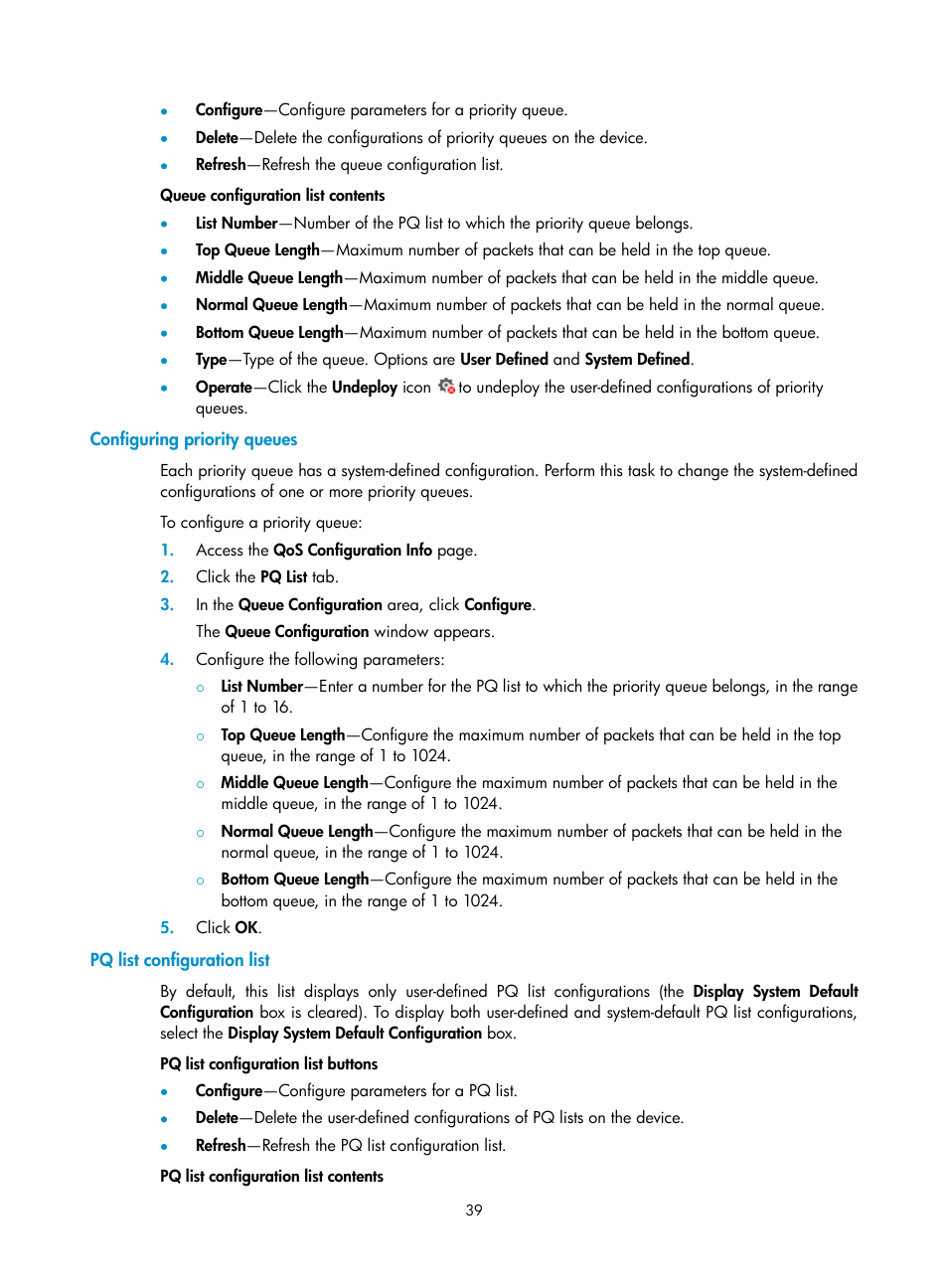 Configuring priority queues, Pq list configuration list | H3C Technologies H3C Intelligent Management Center User Manual | Page 47 / 129