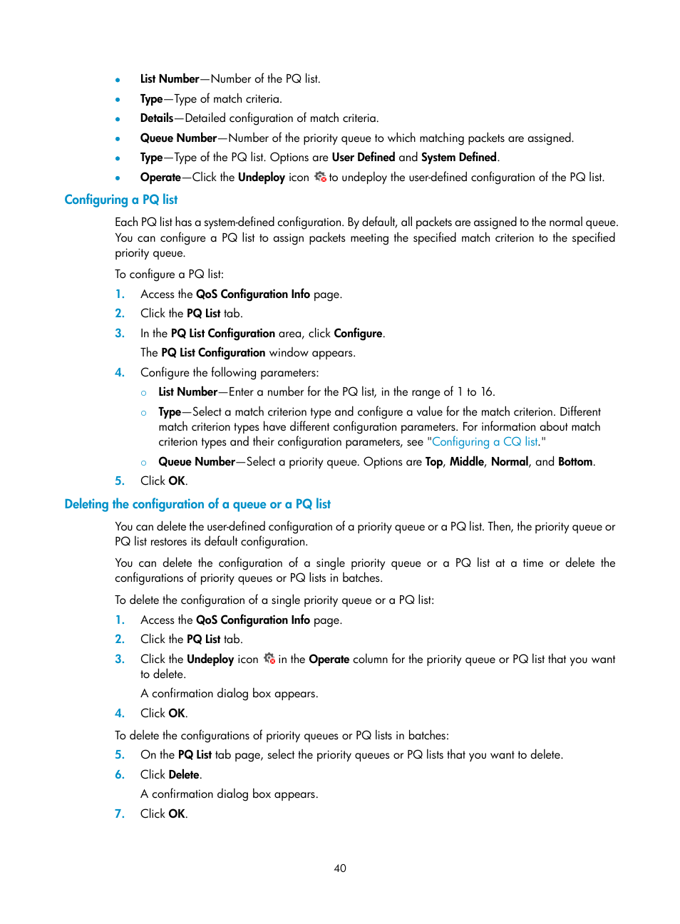 Configuring a pq list, Deleting the configuration of a queue or a pq list | H3C Technologies H3C Intelligent Management Center User Manual | Page 48 / 129