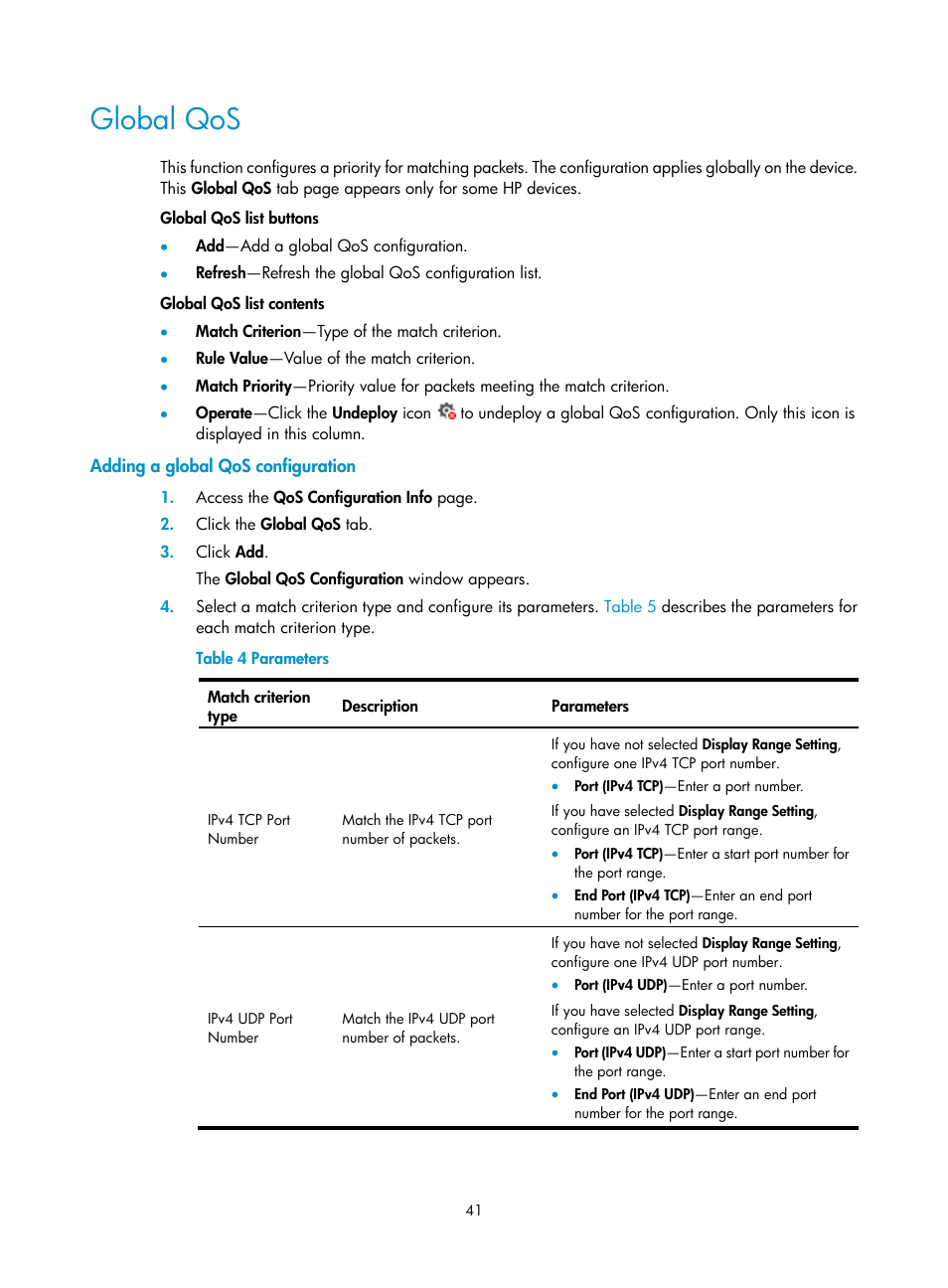 Global qos, Adding a global qos configuration | H3C Technologies H3C Intelligent Management Center User Manual | Page 49 / 129