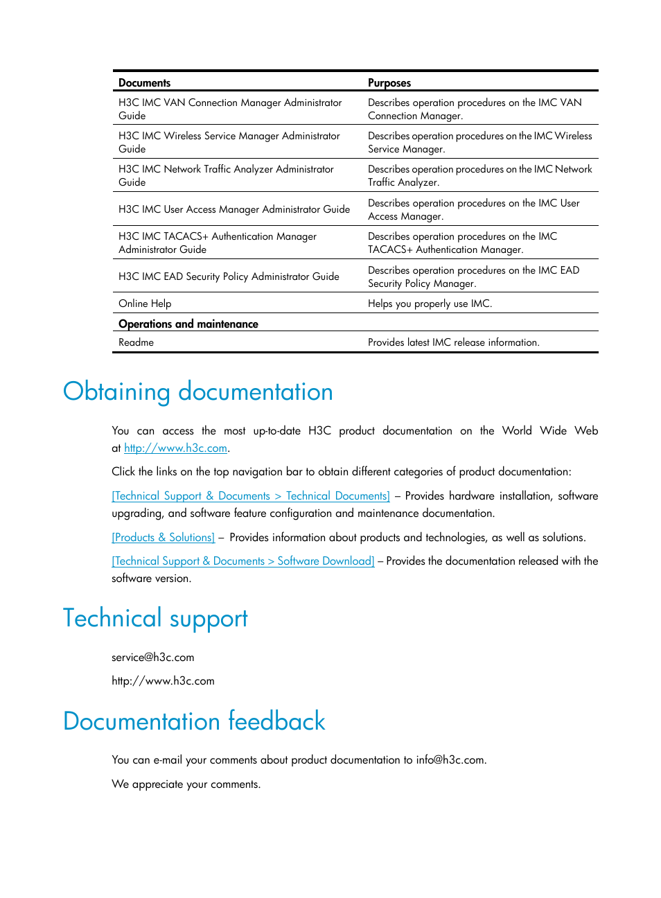 Obtaining documentation, Technical support, Documentation feedback | H3C Technologies H3C Intelligent Management Center User Manual | Page 5 / 129