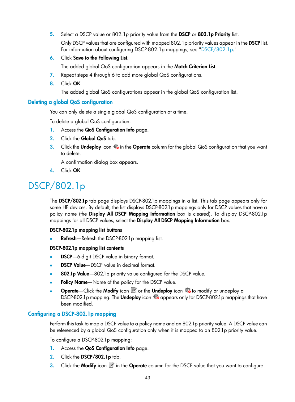 Deleting a global qos configuration, Dscp/802.1p, Configuring a dscp-802.1p mapping | H3C Technologies H3C Intelligent Management Center User Manual | Page 51 / 129