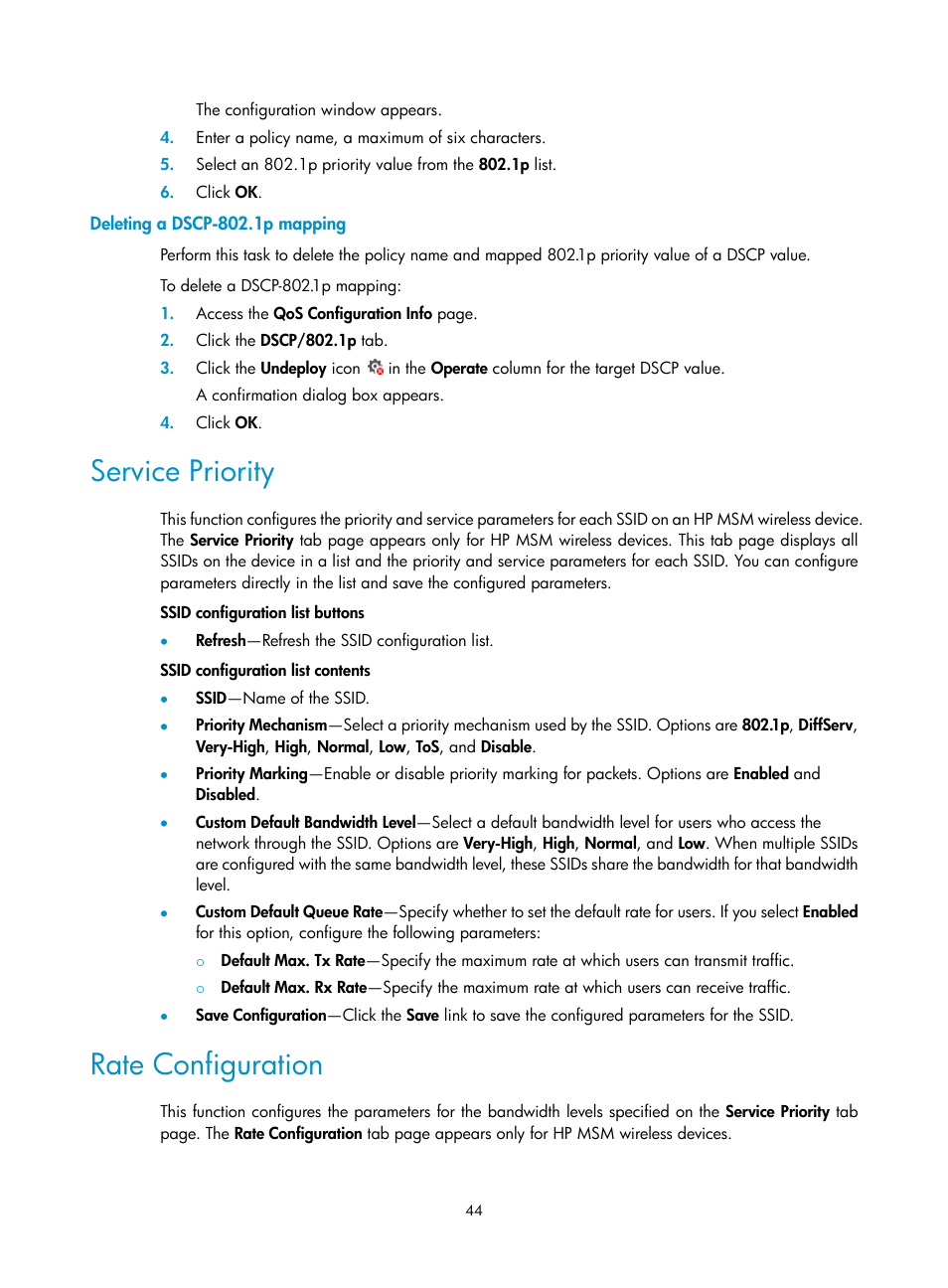 Deleting a dscp-802.1p mapping, Service priority, Rate configuration | H3C Technologies H3C Intelligent Management Center User Manual | Page 52 / 129