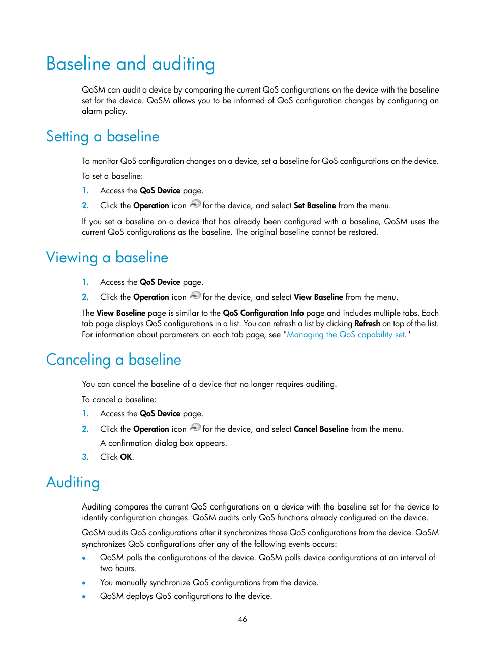 Baseline and auditing, Setting a baseline, Viewing a baseline | Canceling a baseline, Auditing | H3C Technologies H3C Intelligent Management Center User Manual | Page 54 / 129