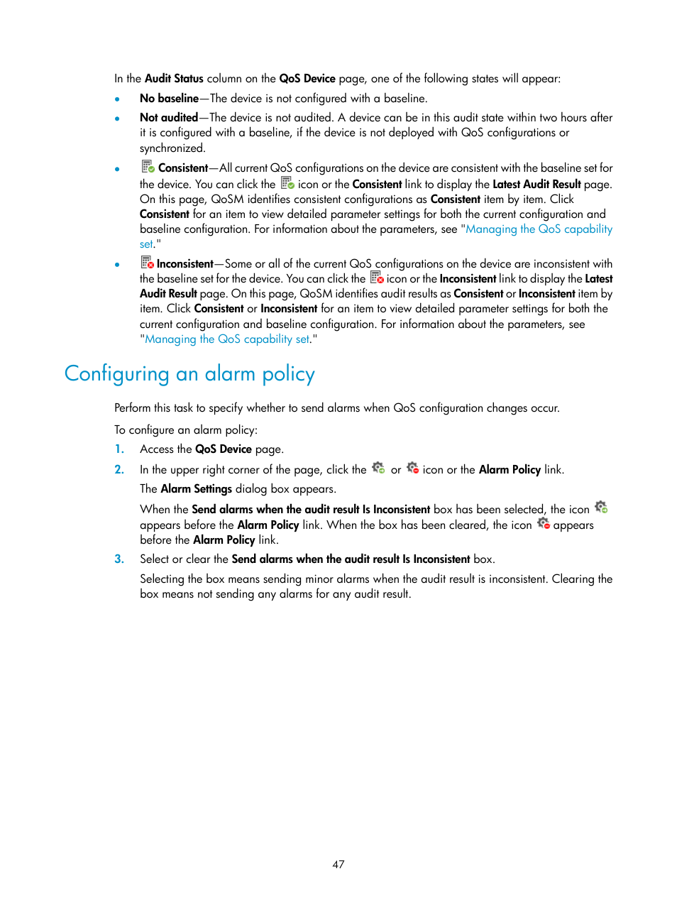 Configuring an alarm policy | H3C Technologies H3C Intelligent Management Center User Manual | Page 55 / 129