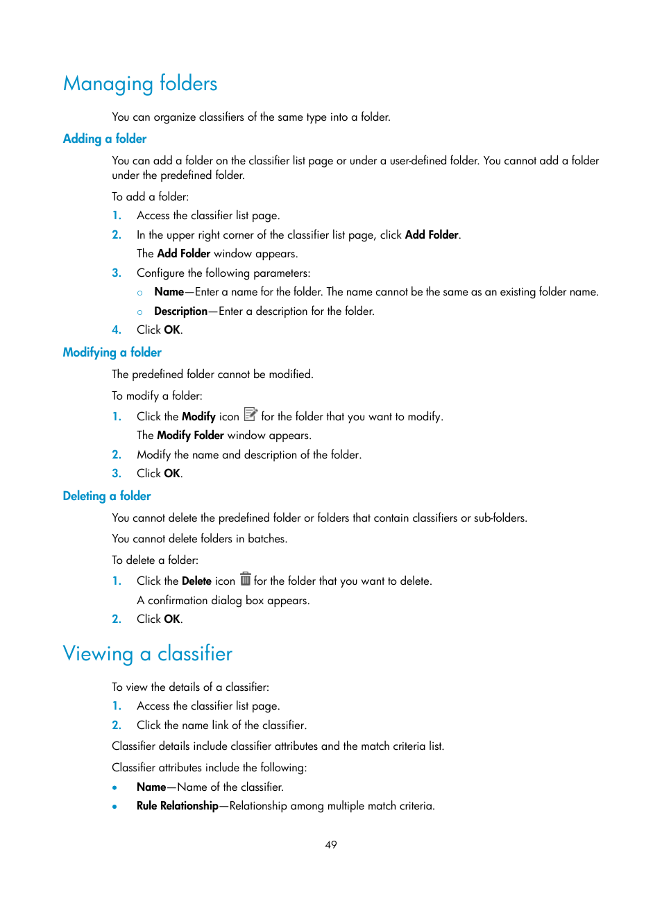 Managing folders, Adding a folder, Modifying a folder | Deleting a folder, Viewing a classifier | H3C Technologies H3C Intelligent Management Center User Manual | Page 57 / 129