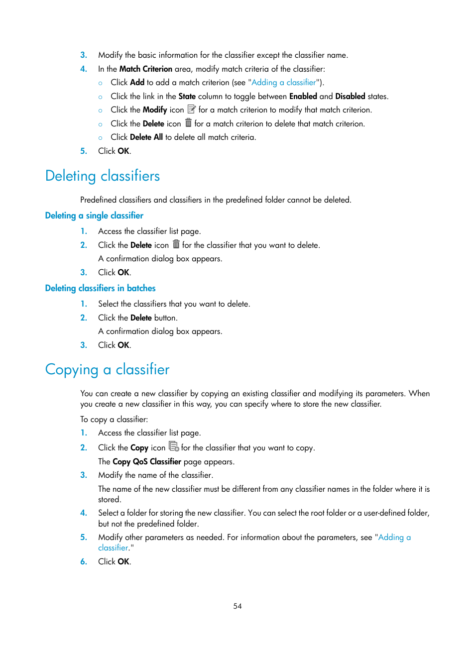 Deleting classifiers, Deleting a single classifier, Deleting classifiers in batches | Copying a classifier | H3C Technologies H3C Intelligent Management Center User Manual | Page 62 / 129