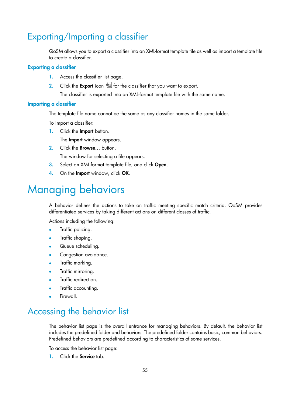 Exporting/importing a classifier, Exporting a classifier, Importing a classifier | Managing behaviors, Accessing the behavior list | H3C Technologies H3C Intelligent Management Center User Manual | Page 63 / 129