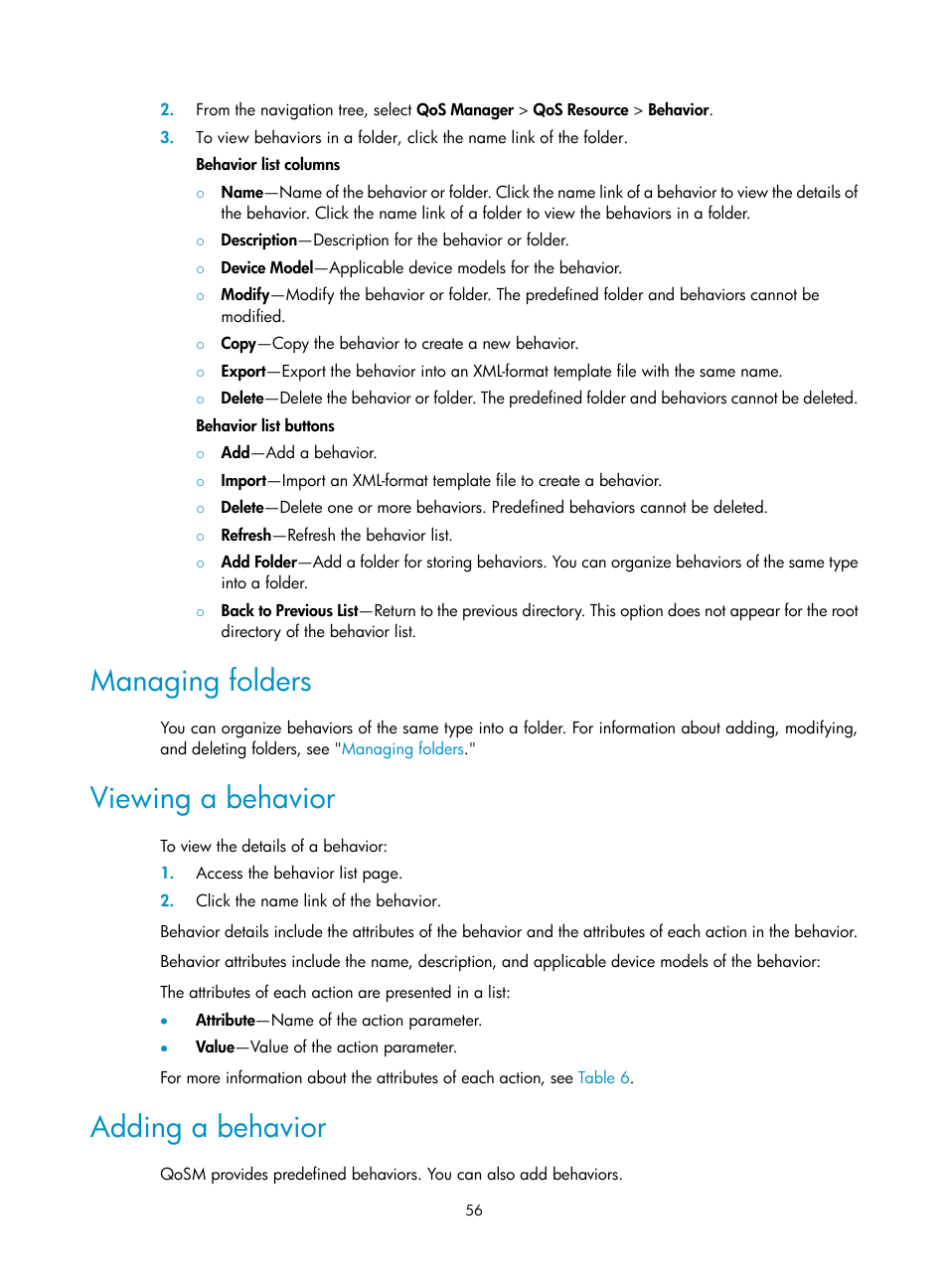 Managing folders, Viewing a behavior, Adding a behavior | A behavior, see | H3C Technologies H3C Intelligent Management Center User Manual | Page 64 / 129