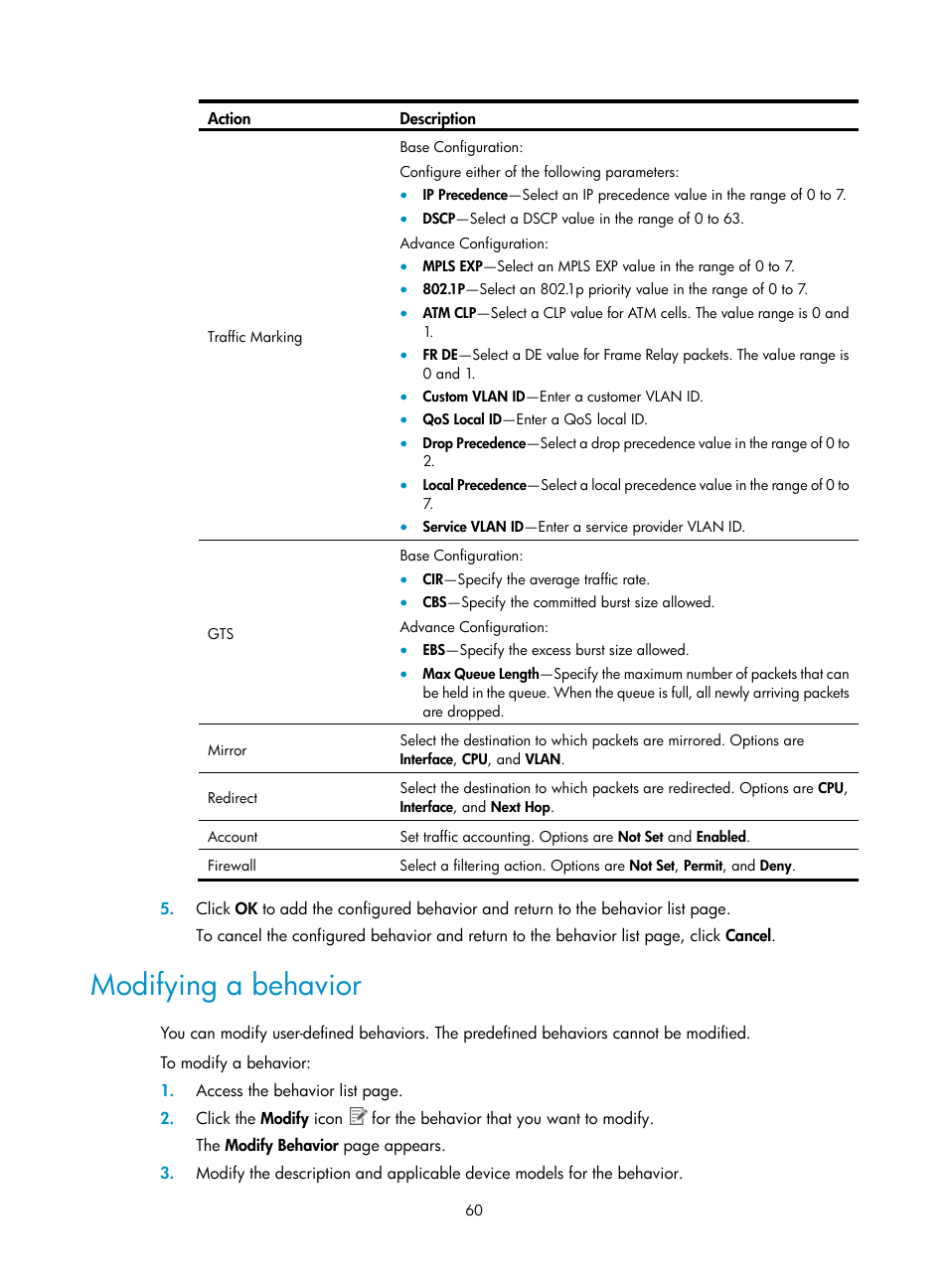 Modifying a behavior | H3C Technologies H3C Intelligent Management Center User Manual | Page 68 / 129