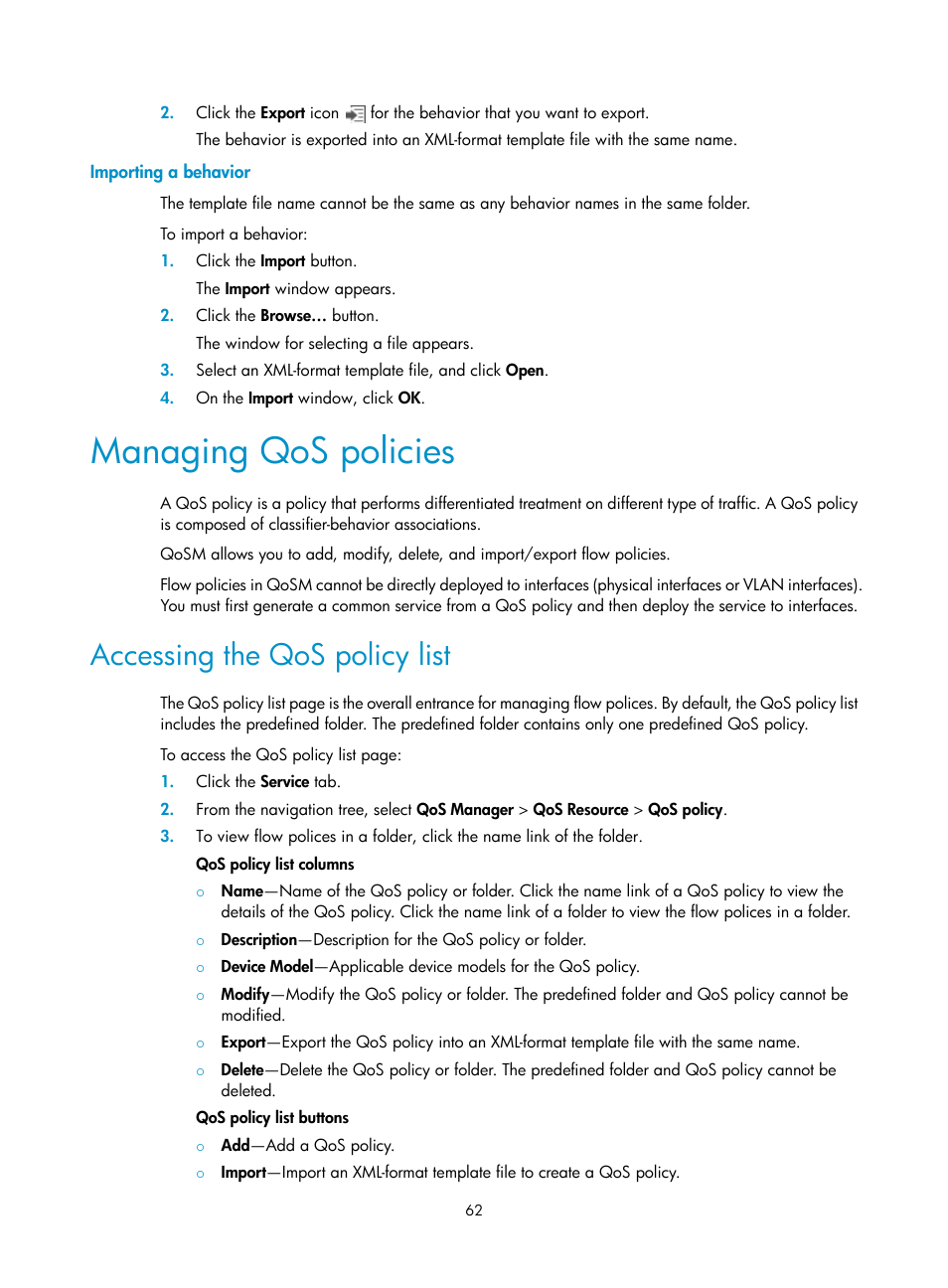 Importing a behavior, Managing qos policies, Accessing the qos policy list | H3C Technologies H3C Intelligent Management Center User Manual | Page 70 / 129