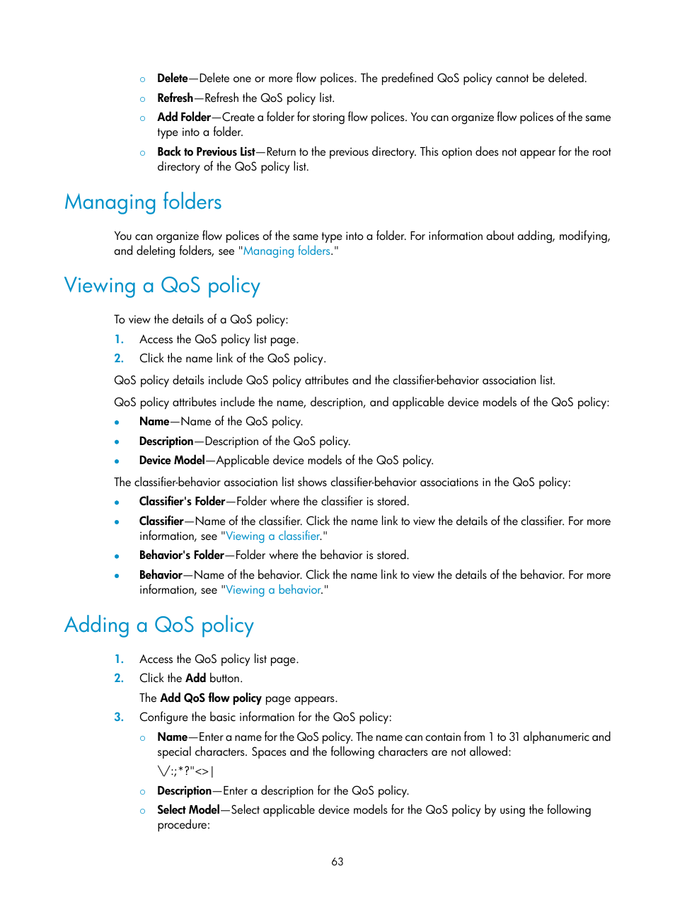 Managing folders, Viewing a qos policy, Adding a qos policy | Y, see | H3C Technologies H3C Intelligent Management Center User Manual | Page 71 / 129