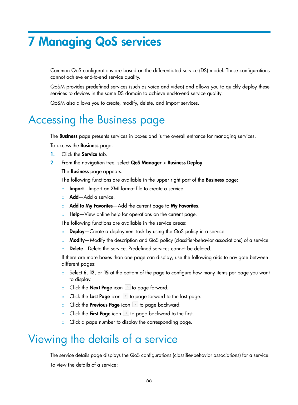 7 managing qos services, Viewing the details of a service, Accessing the business page | H3C Technologies H3C Intelligent Management Center User Manual | Page 74 / 129