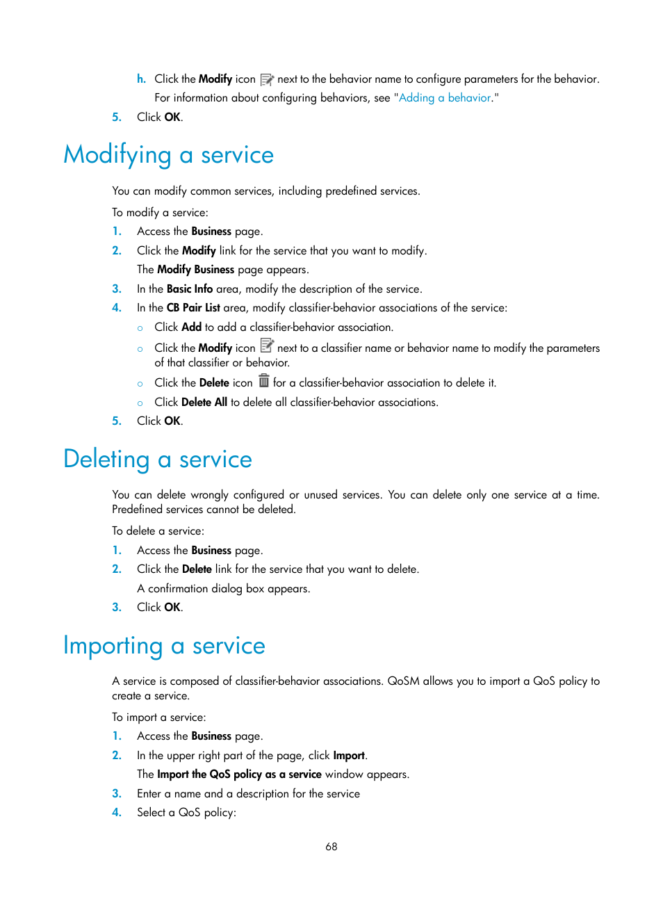 Modifying a service, Deleting a service, Importing a service | H3C Technologies H3C Intelligent Management Center User Manual | Page 76 / 129